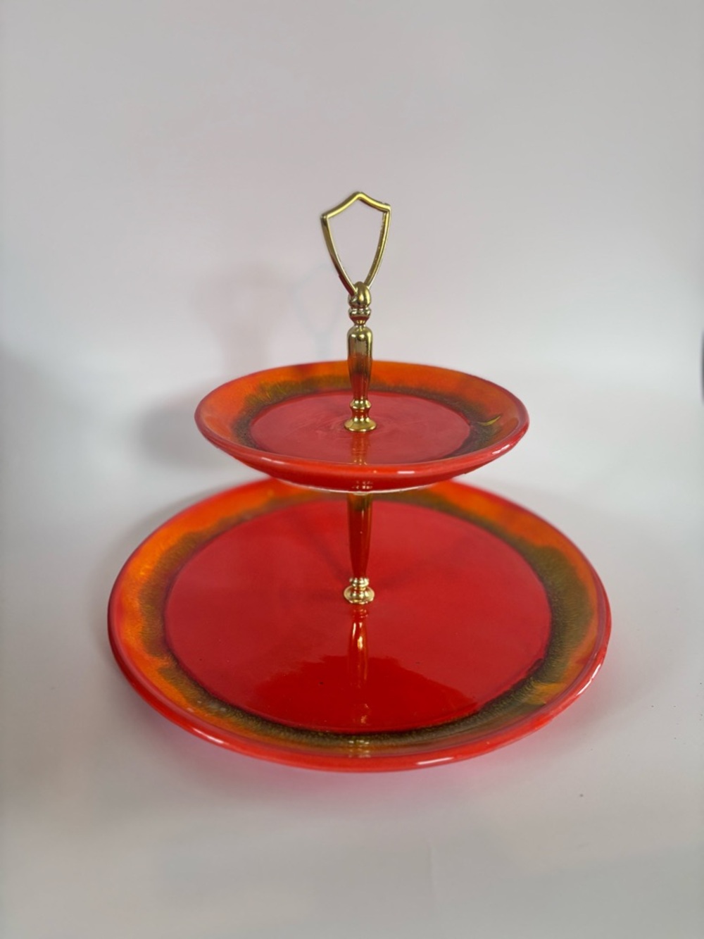 California Pottery Red Tiered Tray Mid Century Dessert Stand
